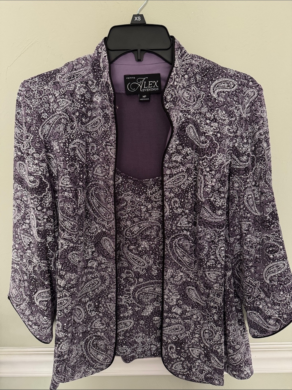 Alex Evenings Purple Paisley Petite Open Front Jacket and sleeveless tank